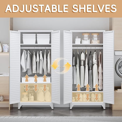 SteeLoong 71" Metal Wardrobe Cabinet with Hanging Rod, Armoire Wardrobe Closet with Doors and Adjustable Shelves, Whiet Clothing Storage Cabinets for Bedroom Office,School,Hospital