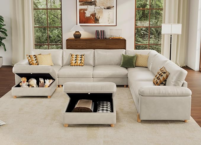 SITJOY Large Cloud Couch, 138" Wide 6 Seater V Shape, Faux Leather in White | Pet-Friendly Scratch-Resistant Leather Sectional Sofas for Living Room, Deep Seat Wide Couch with Chaise, Storage Ottoman