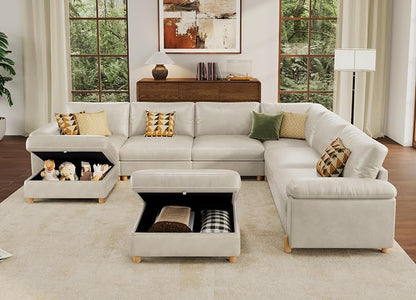 SITJOY Large Cloud Couch, 138" Wide 6 Seater V Shape, Faux Leather in White | Pet-Friendly Scratch-Resistant Leather Sectional Sofas for Living Room, Deep Seat Wide Couch with Chaise, Storage Ottoman