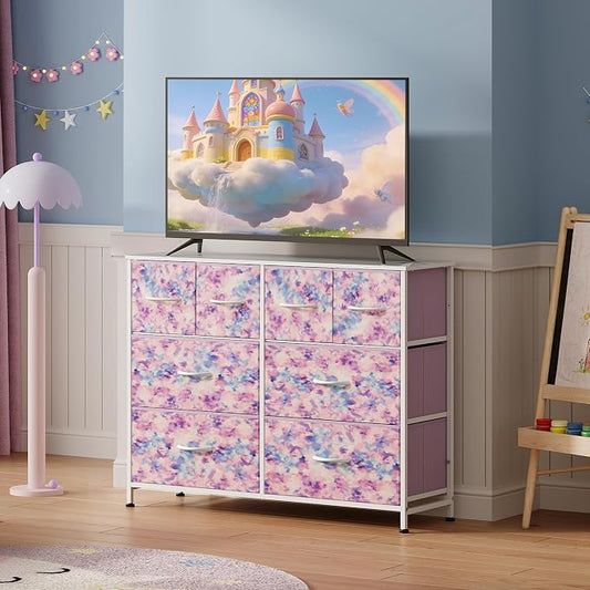WLIVE Dresser for Bedroom with 8 Drawers, Wide Fabric Dresser for Storage and Organization, Bedroom Dressers, Chest of Drawers for Living Room, Closet, Hallway, Tie-dye Print (Pink, Purple, Blue)