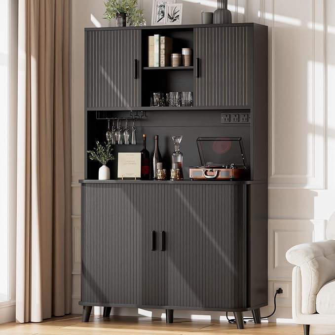Lulive 71" Tall Pantry Cabinet with Rolling & Sliding Doors, 39" Wide Kitchen Storage Cabinet with Charging Station and Open Countertop, Modern Kitchen Pantry Cabinet for Dining Room, Black
