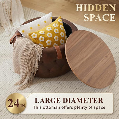 Round Storage Ottoman Coffee Table with Wooden Tabletop, 25 Inches Leather Ottoman for Living Room, Bedroom, Apartments (Brown)