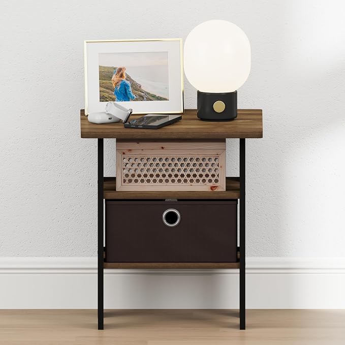 Furinno TIDUR 3-Tier Night Stand, Nightstand with Bin, Columbia Walnut | Open Shelf Design, Bedside Table, End Table, Side Table for Bedroom, Living Room