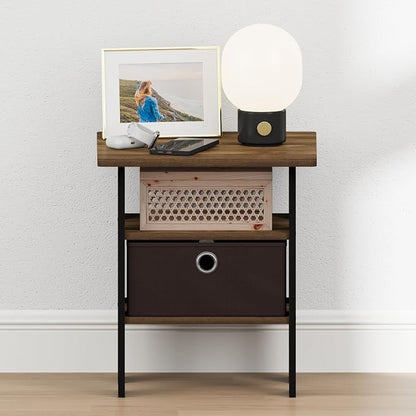 Furinno TIDUR 3-Tier Night Stand, Nightstand with Bin, Columbia Walnut | Open Shelf Design, Bedside Table, End Table, Side Table for Bedroom, Living Room