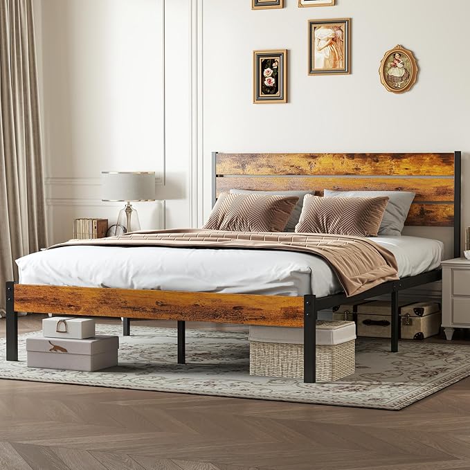 OLIXIS Queen Platform Bed Frame with Wooden Headboard and Footboard, Heavy Duty Metal Slat Mattress Base, 800 LBS Weight Capacity, Sturdy Stable Structure, No Box Spring Needed, Quick Simple Assembly