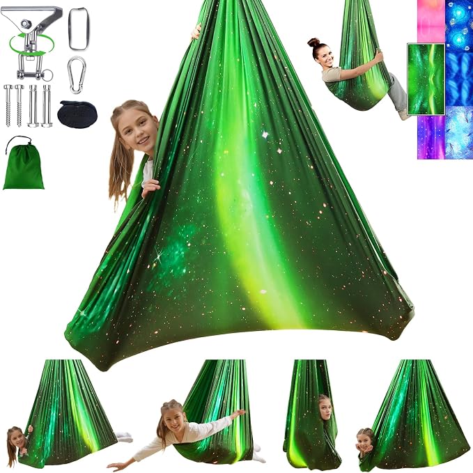 Sensory Swing for Kids and Adults Indoor & Outdoor Double Layer Therapy Cuddle Holds up to 300lbs Adjustable Hammock Chair with 360° Swivel Hanger Kit Effect for Aspergers Autism ADHD(Green)