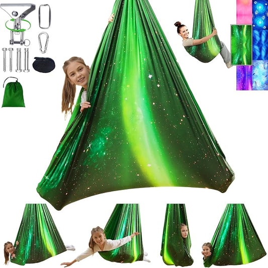 Sensory Swing for Kids and Adults Indoor & Outdoor Double Layer Therapy Cuddle Holds up to 300lbs Adjustable Hammock Chair with 360° Swivel Hanger Kit Effect for Aspergers Autism ADHD(Green)