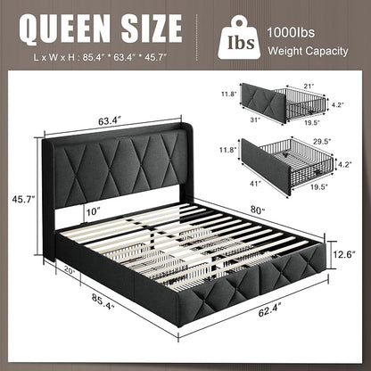 Einhomn Queen Bed Frame with 4 Storage Drawers and Charging Station, Upholstered Platform Bed Frame with Storage Headboard, No Box Spring Needed, Easy Assembly, Dark Grey
