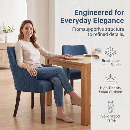 Linen Upholstered Dining Chairs Set of 2 with Arms | Blue linen fabric, breathable upholstery, curved backrest, cushioned seat, solid wood legs, farmhouse style for dining room