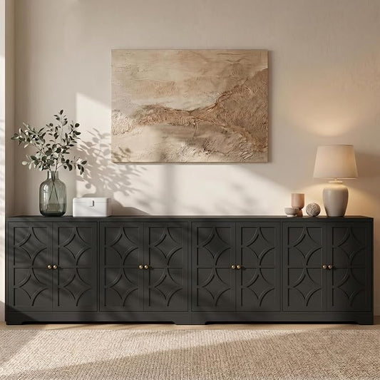 RoyalCraft 112'' Buffet Cabinet with Storage, Modern Sideboard with 4 Carved Doors, Large Wood Coffee Bar Console Table for Kitchen, Dining Room, Entryway, Living Room, Satin Black