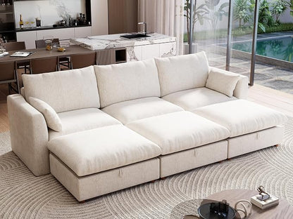 Ihanherry 117" Oversized Modular Sectional Sofa, Modern Cloud Couch with 3 Storage Ottoman, 6-Seat Comfy Chenille Deep Seat Sofa with 2 Pillows for Living Room, Beige