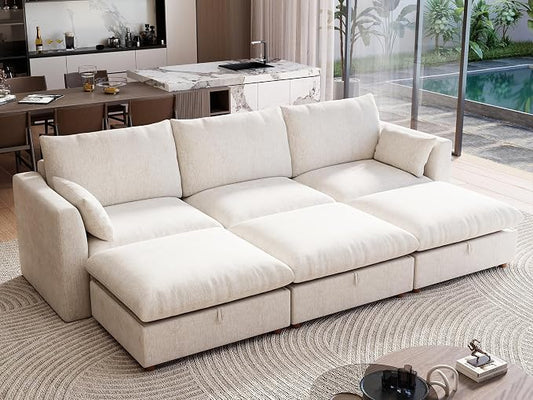 Ihanherry 117" Oversized Modular Sectional Sofa, Modern Cloud Couch with 3 Storage Ottoman, 6-Seat Comfy Chenille Deep Seat Sofa with 2 Pillows for Living Room, Beige