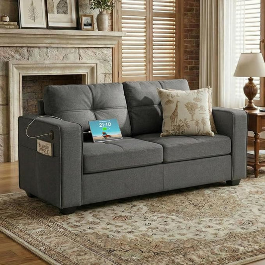 TYBOATLE 65" Small Couches for Bedroom, Mid-Century Modern Tufted Comfy Loveseat w/USB Charging Ports and Wide Arms, 2 Seater Small Office Sofa for Dorm, Apartment, Grey