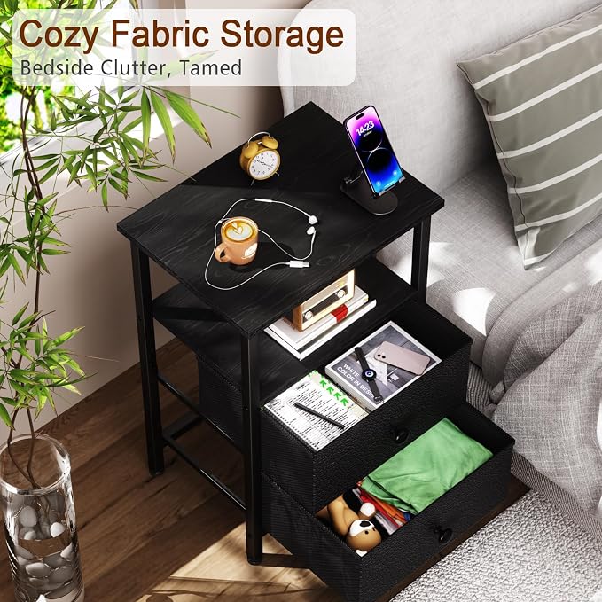 LOAKEKEL Nightstands Set of 2, Night Stand with 2 Fabric Drawers, Bed Side Table with Open Storage Shelf for Bedroom, Small End Tables Living Room, Black, HETS002BK