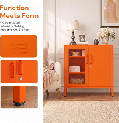 Lockable Metal Storage Cabinet Locker, Multifunctional Versatile Storage Lockers with Adjustable Shelves and Mesh Door, Durable Metal Sideboard Furniture for Restaurant Home Office Orange