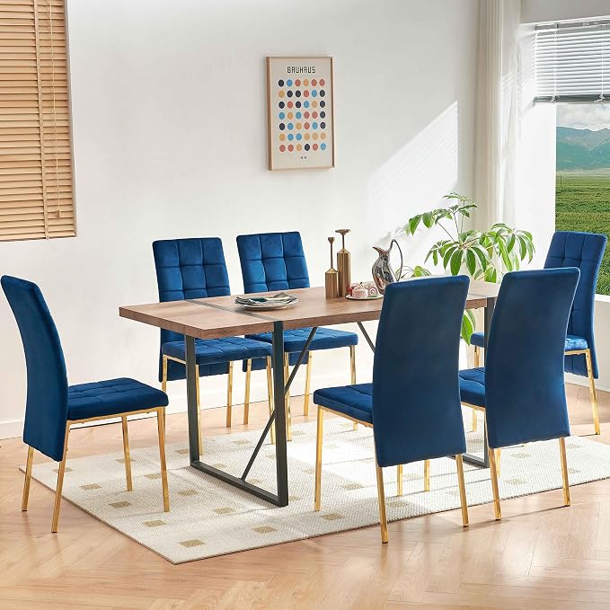 NORDICANA Upholstered Velvet Dining Chairs for 6, Classic High Back Kitchen Chairs Set of 6, Tufted Side Chairs, Golden Color Metal Legs, Navy Blue