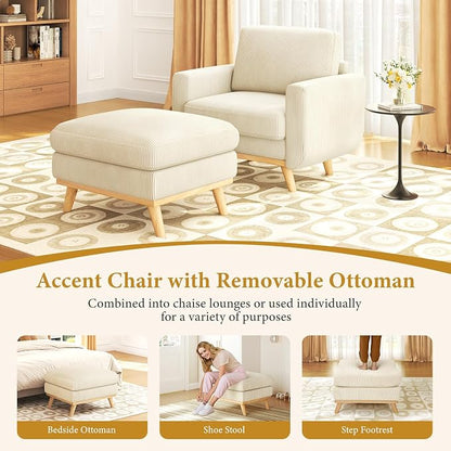 Vesgantti 38.5" Accent Chair with Movable Ottoman, Comfy Corduroy Armchair with Spring Cushion, Reading Chair with Ottoman, Modern Single Sofa for Living Room, Bedroom and Apartment, Beige