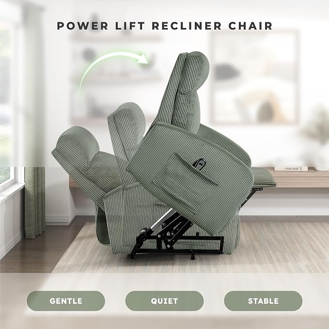 Lexicon Power Lift Recliner Chair for Elderly with Remote Control, Gentle Lift Motion, Side Pocket Armrest, Corduroy Upholstered Electric Recliner for Living Room/Bedroom, Easy Assembly, Green