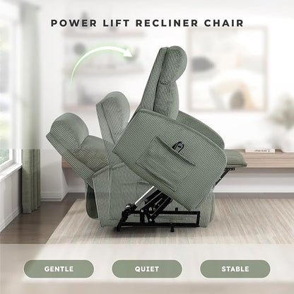 Lexicon Power Lift Recliner Chair for Elderly with Remote Control, Gentle Lift Motion, Side Pocket Armrest, Corduroy Upholstered Electric Recliner for Living Room/Bedroom, Easy Assembly, Green