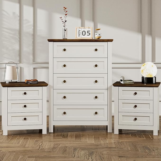 Farmhouse Dresser Nightstand Sets, 3-Piece Bedroom Furniture Set for Home | 5 Drawer Dresser Closet & 3 Drawer Nightstand Set of 2, Chest of Drawers for Bedroom, Living Room, Entryway, Antique White