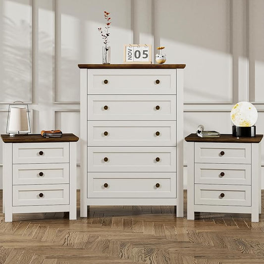 Farmhouse Dresser Nightstand Sets, 3-Piece Bedroom Furniture Set for Home | 5 Drawer Dresser Closet & 3 Drawer Nightstand Set of 2, Chest of Drawers for Bedroom, Living Room, Entryway, Antique White