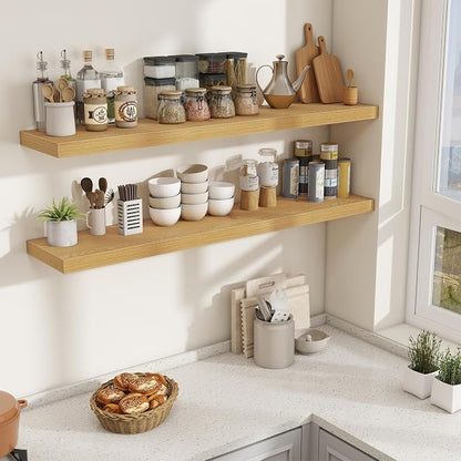 Fun Memories 55 Inch Fireplace Mantel Shelf, 10 Inch Deep Shelves for Display & Wall Storage, Rustic Wood Wall Shelf, Extra Long Floating Shelves for Living Room Laundry Room, Oak, Set of 2