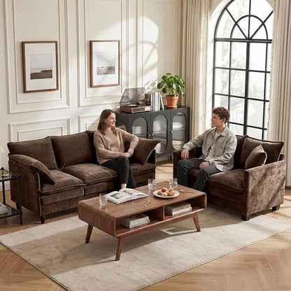 Loveseat Sofa Couch 2 Piece Set, Small Compact 50" Love Seat 27" Deep Cloud Sofa Set Washable Chenille Pillow Living Room Set for Apartment Office 8833-BROWN-2+2