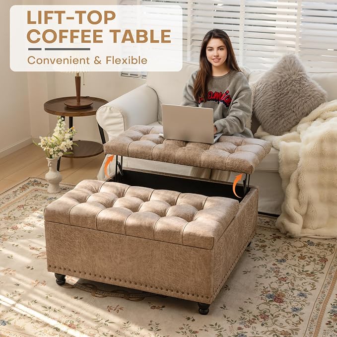 Redlife 35 Inch Large Square Storage Ottoman, Storage Ottoman Coffee Table with Lift Top Faux Leather Ottomans Bench Square Footrest Oversized Upholstered Coffee Table for Living Room (Champagne)