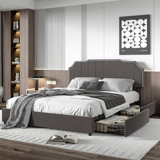 VECELO Queen Bed Frame with 4 Storage Drawers & Upholstered Platform &Tufted Adjustable Headboard/Mattress Foundation/Wood Slat Support,Easy Assembly,Dark Grey