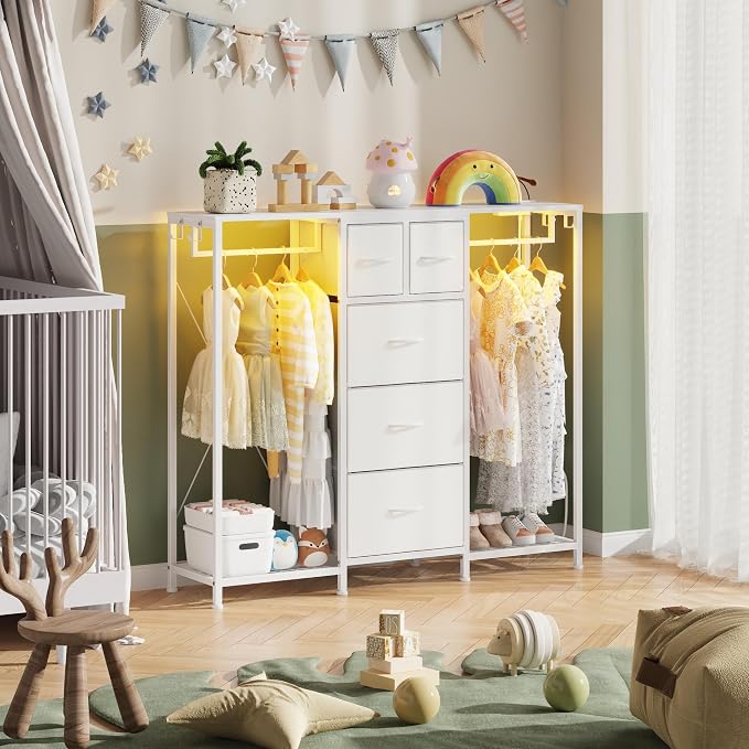 HIGDBFE 5-Drawer Dresser with 2 Hanging Racks, White, 49.2" W | LED Lights&Charging Station, Hooks, Wooden Top, Fabric Drawer, Dresser TV Stand for Bedroom, Dorm