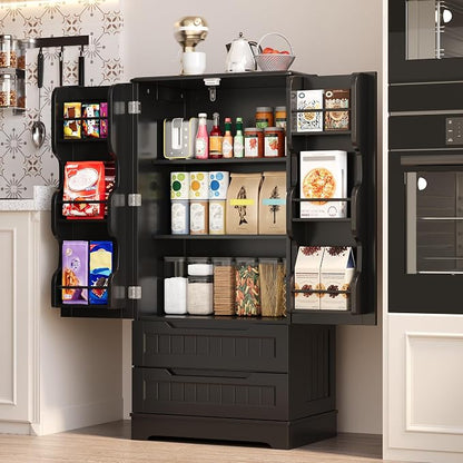 Gizoon Kitchen Pantry Cabinet with Drawers, 47" Small Food Pantry Storage Cabinet with 6 Door Shelves for Snack and Spice, Freestanding Craft Storage Cabinet for Craft Room, Black, Painted