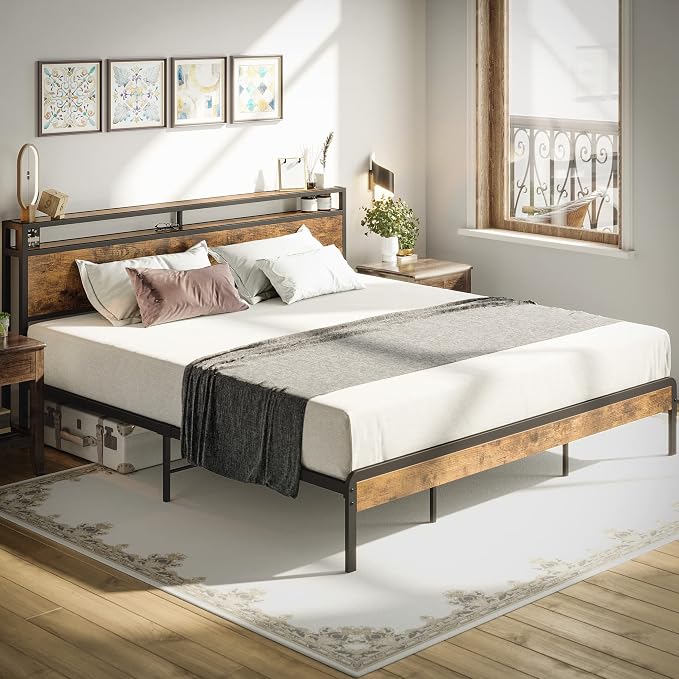 LIKIMIO King Size Bed Frame, Platform Bed with 2-Tier Storage Headboard | Metal Bed Frame, Solid and Stable, Noise Free, No Box Spring Needed, Easy Assembly, Durable, Vintage Brown