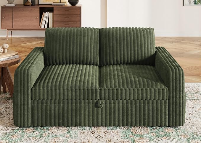 HONBAY Modular Pull Out Sofa Bed,Corduroy Loveseat, Couches for Living Room,Green