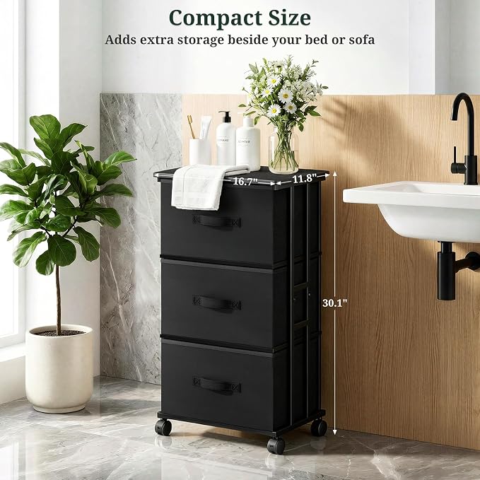 3 Drawers Dresser with Wheels, Storage Organizer with Removable Fabric Bins and Steel Frame, Small Nightstand Dresser for Bedroom Office, Entryway, Ink Black