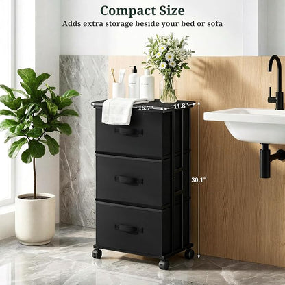 3 Drawers Dresser with Wheels, Storage Organizer with Removable Fabric Bins and Steel Frame, Small Nightstand Dresser for Bedroom Office, Entryway, Ink Black