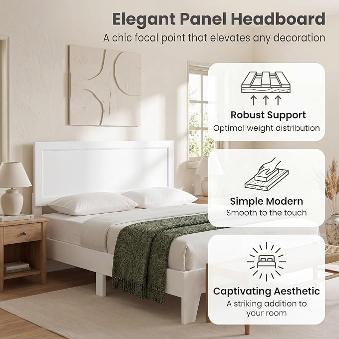 Giantex Full Size Wooden Bed Frame with Headboard, Wood Slat Support | Modern Platform Bed with Heavy Duty Mattress Foundation, Under-Bed Storage, No Box Spring Needed, Easy Assembly (White)