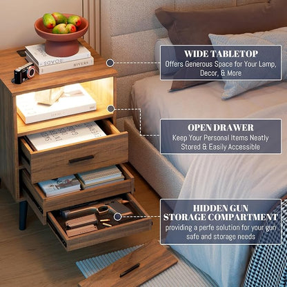 LVSOMT Brown Bedroom Nightstand with Charging Station and LED Lights, Modern Bedside Table with Hidded Drawer, Smart Night Stand with Open Storage Shelf, USB Port, Metal Legs