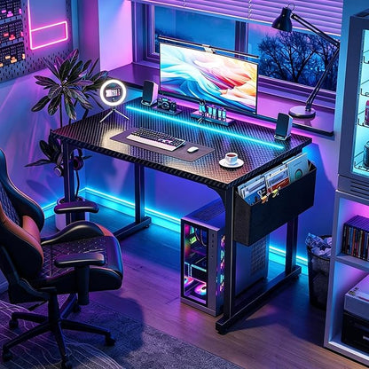 DurayLoly 32" Gaming Desk with Waterproof LED Lights, Carbon Fiber Desktop for Small Spaces | Home Office Study Computer Desk with Storage Bag & Headphone Hook, Black