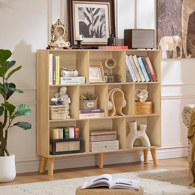 LEYAOYAO 10 Cube Bookshelf,3 Tier Modern Wide Bookcase with Legs,Mid-Century Wood Bookshelves Storage,Light Wood Large Book Case,Freestanding Organizer Display Shelf for Bedroom,Living Room,Office