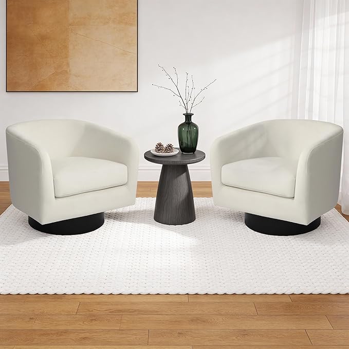 Swivel Barrel Accent Chair, Modern Round Chenille Fabric Arm Chair for Living Room, Bedroom, Comfy Club Reading Chairs for Adults（Velvet Ivory, Set of 1