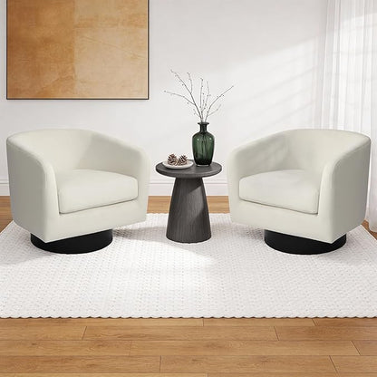 Swivel Barrel Accent Chair, Modern Round Chenille Fabric Arm Chair for Living Room, Bedroom, Comfy Club Reading Chairs for Adults（Velvet Ivory, Set of 1