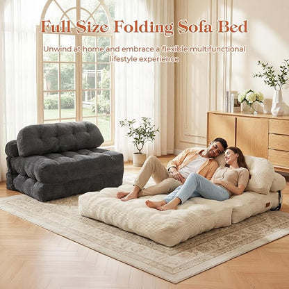 Folding Sofa Bed, Convertible Sleeper Chair with Back Support and Pillow Futon, Boneless Matress, for Living Room/Guest Use/Home Office, Foldable Chair Bed for Adults, Beige, Full