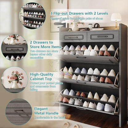 Shoe Cabinet Storage for Entryway with 3 Large Flip Drawers & 2 Storage Drawers, Narrow Shoe Organizer Cabinet Fits for Kinds of Shoes, Slim Shoe Storage Cabinet for Entryway, Hallway, Dark Grey