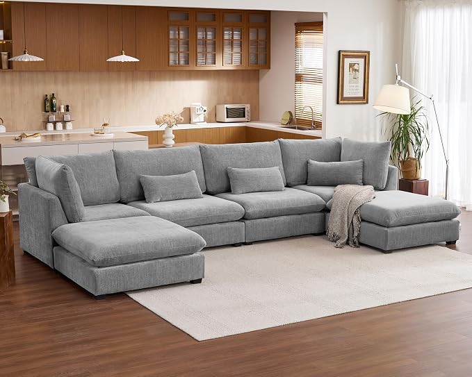 154" Oversized Chenille Couch Modular Sectional Sofa, Washable Cloud Couch Sectional with 2 Ottoman, 6 Seater Sectional Couches for Living Room, Fully Cover Removable, U Shaped, Chenille, Grey