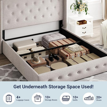 Allewie Queen Size Lift Up Storage Bed, Button Tufted Headboard with Wingback, Hydraulic Support, No Box Spring Needed, Light Beige
