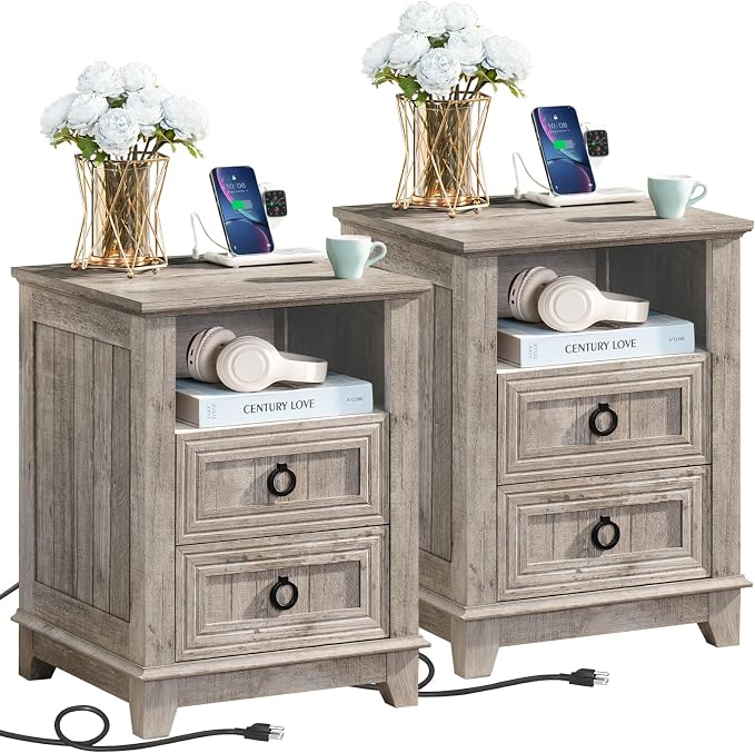 Joaxswe 18" Farmhouse Night Stands Set of 2 with Charging Station, 2 Drawers End Table Dresser for Bedroom, Oak Wooden Nightstand, Bed Side Table with Open Shelf, Bedside Cabinet for Living Room