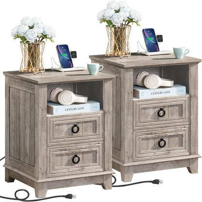 Joaxswe 18" Farmhouse Night Stands Set of 2 with Charging Station, 2 Drawers End Table Dresser for Bedroom, Oak Wooden Nightstand, Bed Side Table with Open Shelf, Bedside Cabinet for Living Room