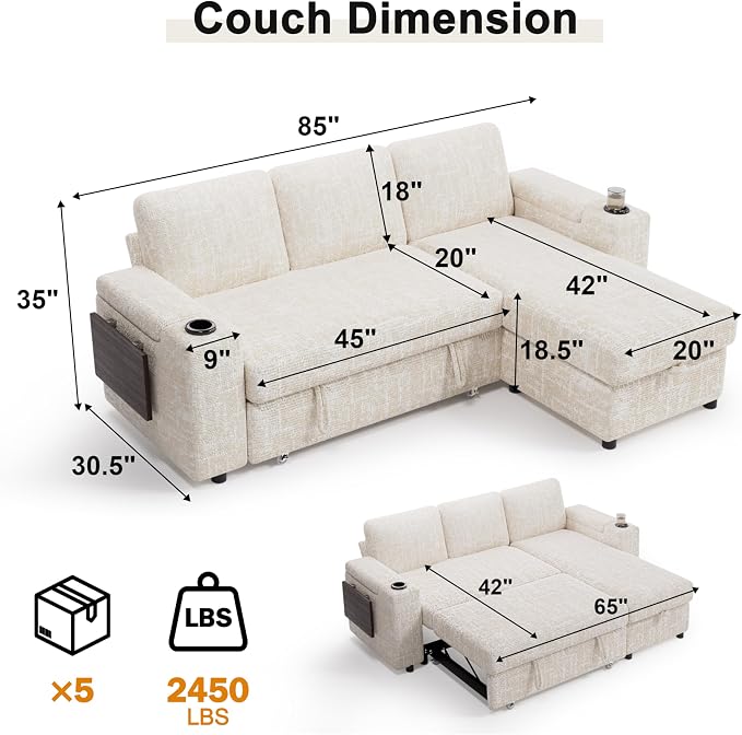 Vipbear Premium 86" Modular Sectional Sleeper Sofa, 3 Seat Chenille Sofa with Pull Out Bed, L Shaped Couch with Storage Chaise & Armrests|USB Ports|Cup Holders|Side Table, White