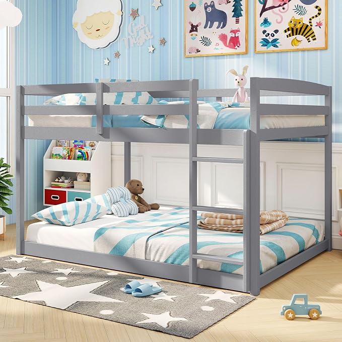 Giantex Full Over Full Bunk Bed, Solid Wood Kids Bunk Bed with Full-Length Guardrails, Integrated Ladder & Anti-Tippling Kits, Low Bunk Beds with Slats Support for Kids, Teens, Grey