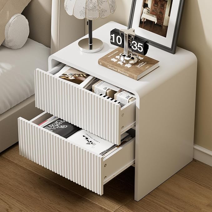 Furniway Set of 2 Modern Curved Nightstand with 2 Drawers, Push-to-Open Wooden Bedside Table, Minimalist End Table for Bedroom, White